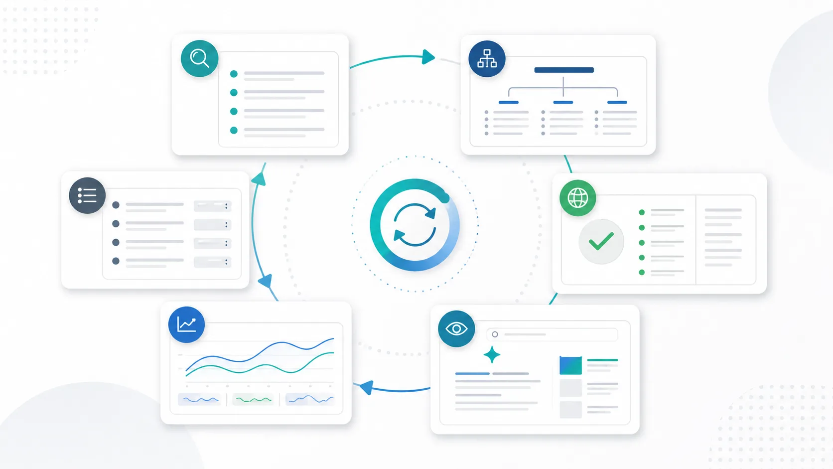 Validation loop from baseline query set to source-page structure, crawl check, AI answer observation, Search Console trend, and next action queue