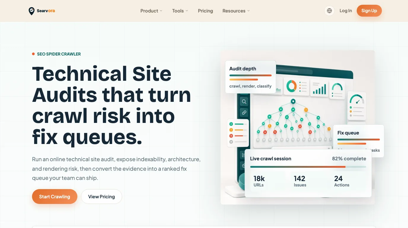 Searvora SEO Spider Crawler product page showing crawl evidence converted into fix queues