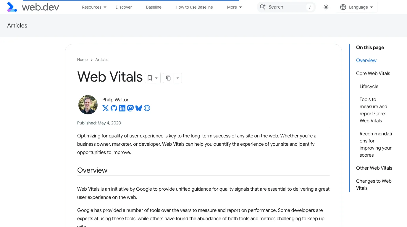 Official web.dev Web Vitals article used as source evidence for Core Web Vitals definitions