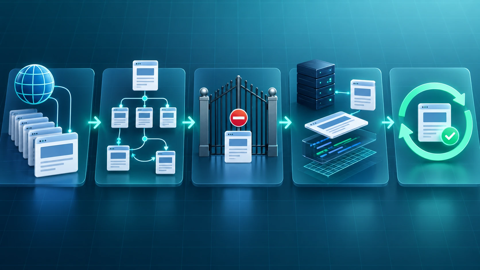 Crawl diagnostic flow from URL scope through discovery, access, rendering, response checks, and a verified recrawl