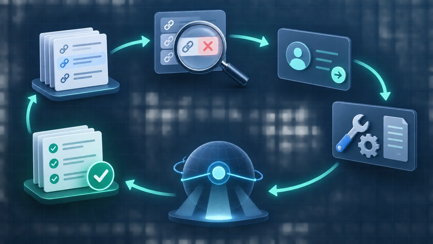 Recrawl validation loop from baseline URL evidence through issue triage, owner handoff, repair, and verified crawl result