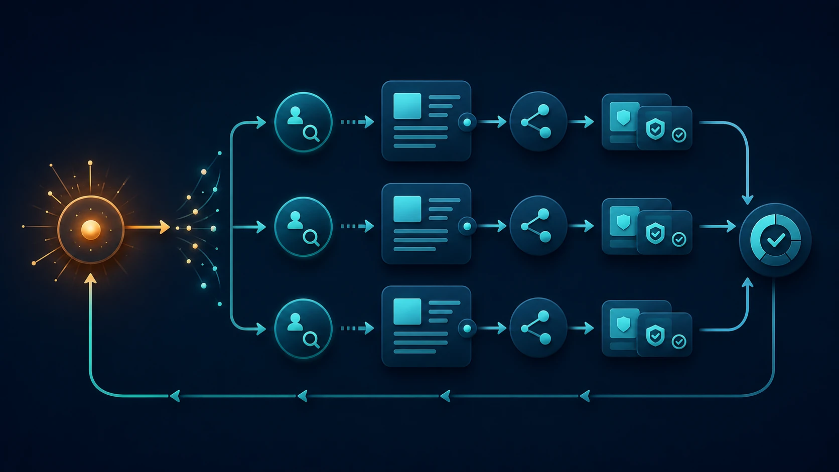 Campaign-to-search evidence loop from campaign attention through query groups, source pages, proof, internal routes, and a recheck