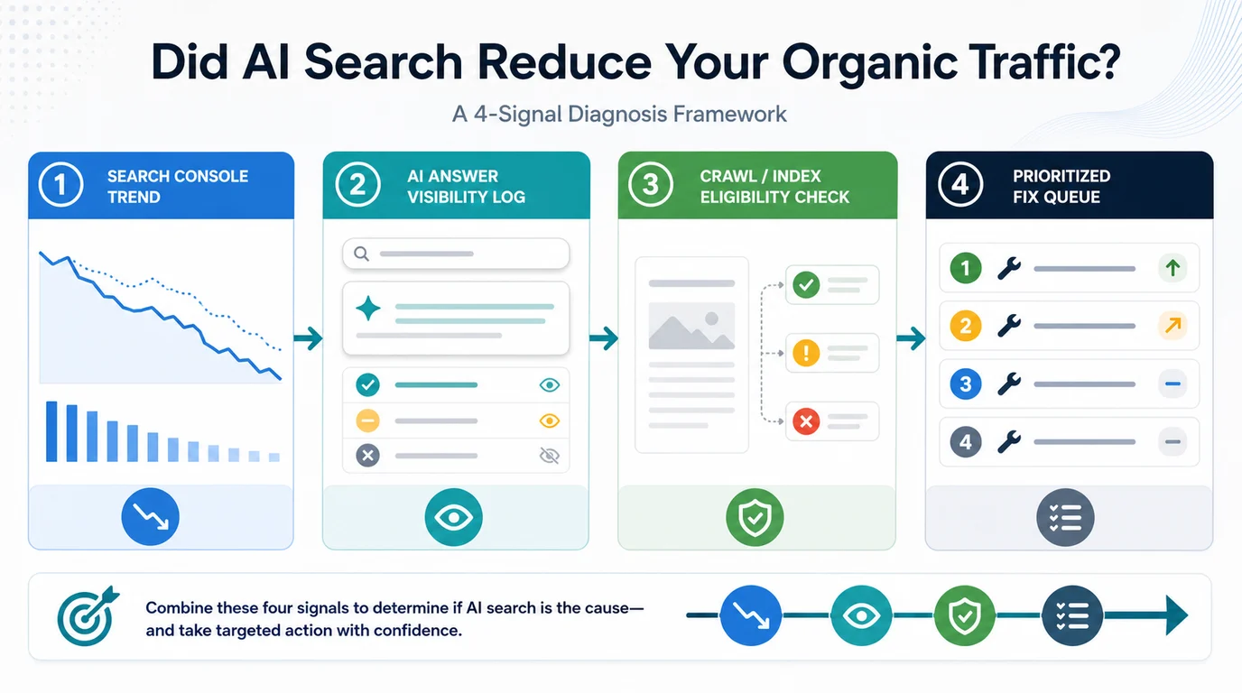 AI search traffic diagnosis framework from Search Console trend to AI answer visibility, crawl eligibility, and fix queue