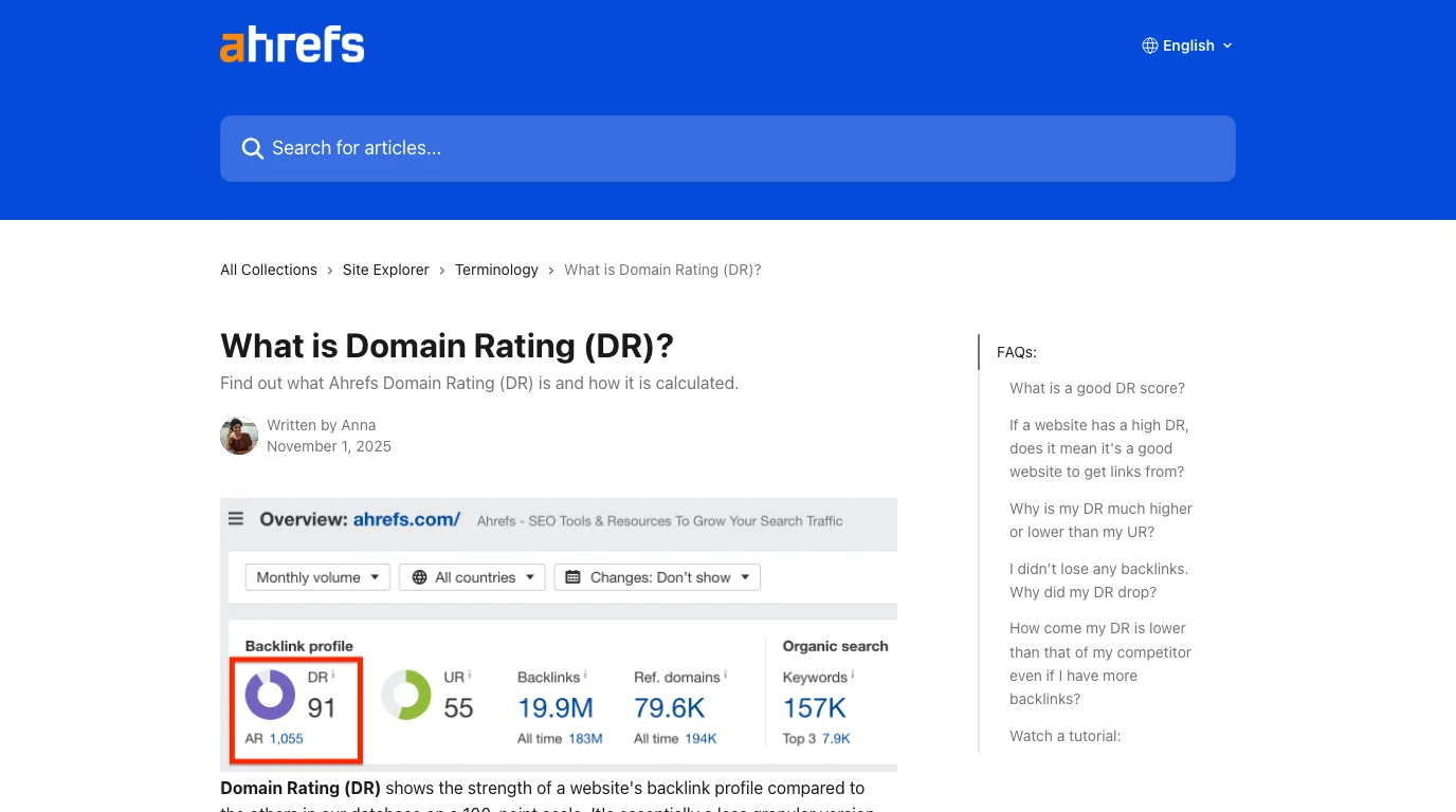 Official Ahrefs help page explaining what Domain Rating measures