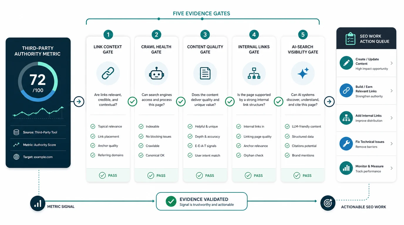 Five evidence gates for turning a third-party authority metric into SEO work