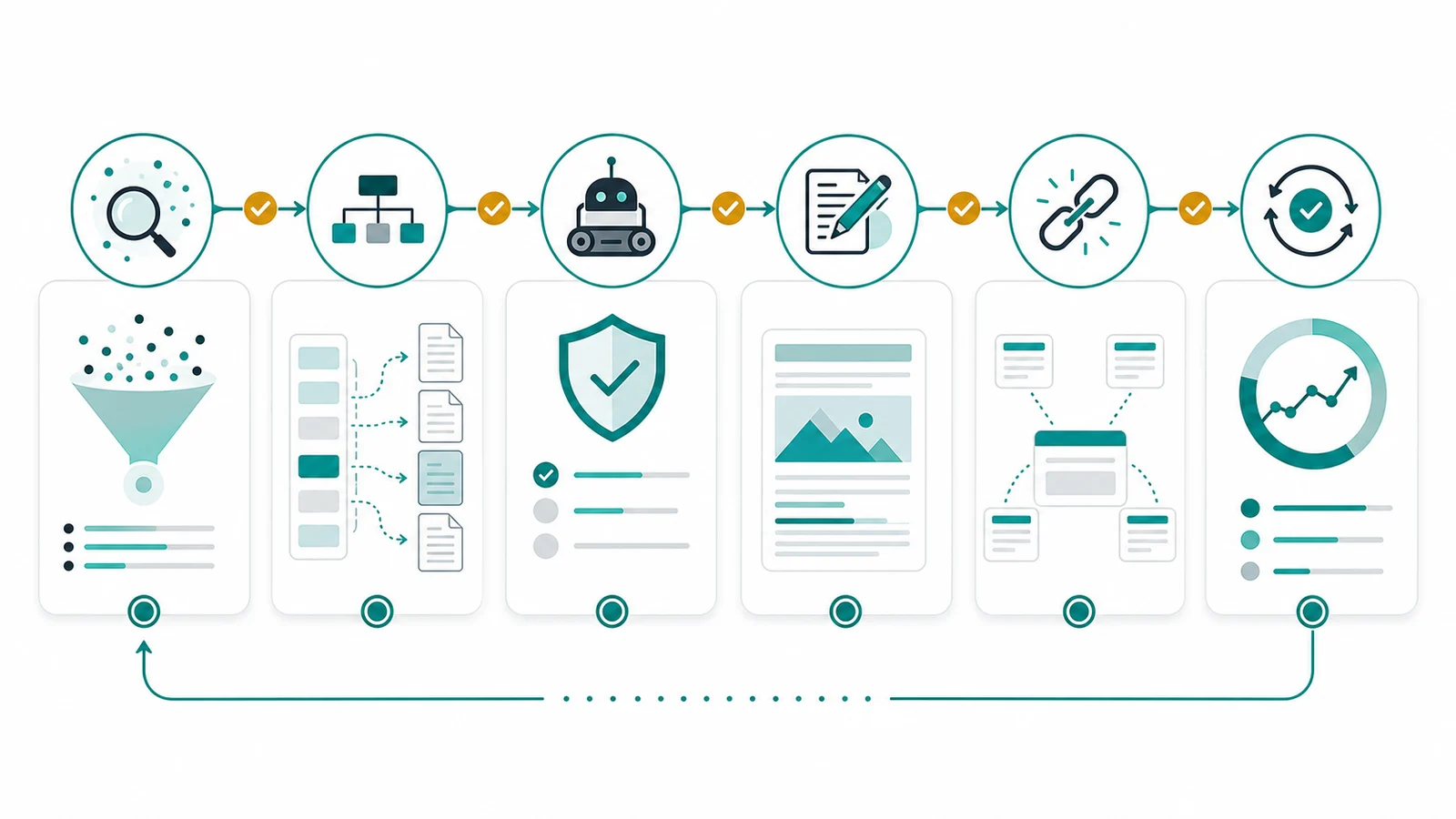 Organic traffic growth workflow from demand discovery through page routing, crawl eligibility, content improvement, links, and validation