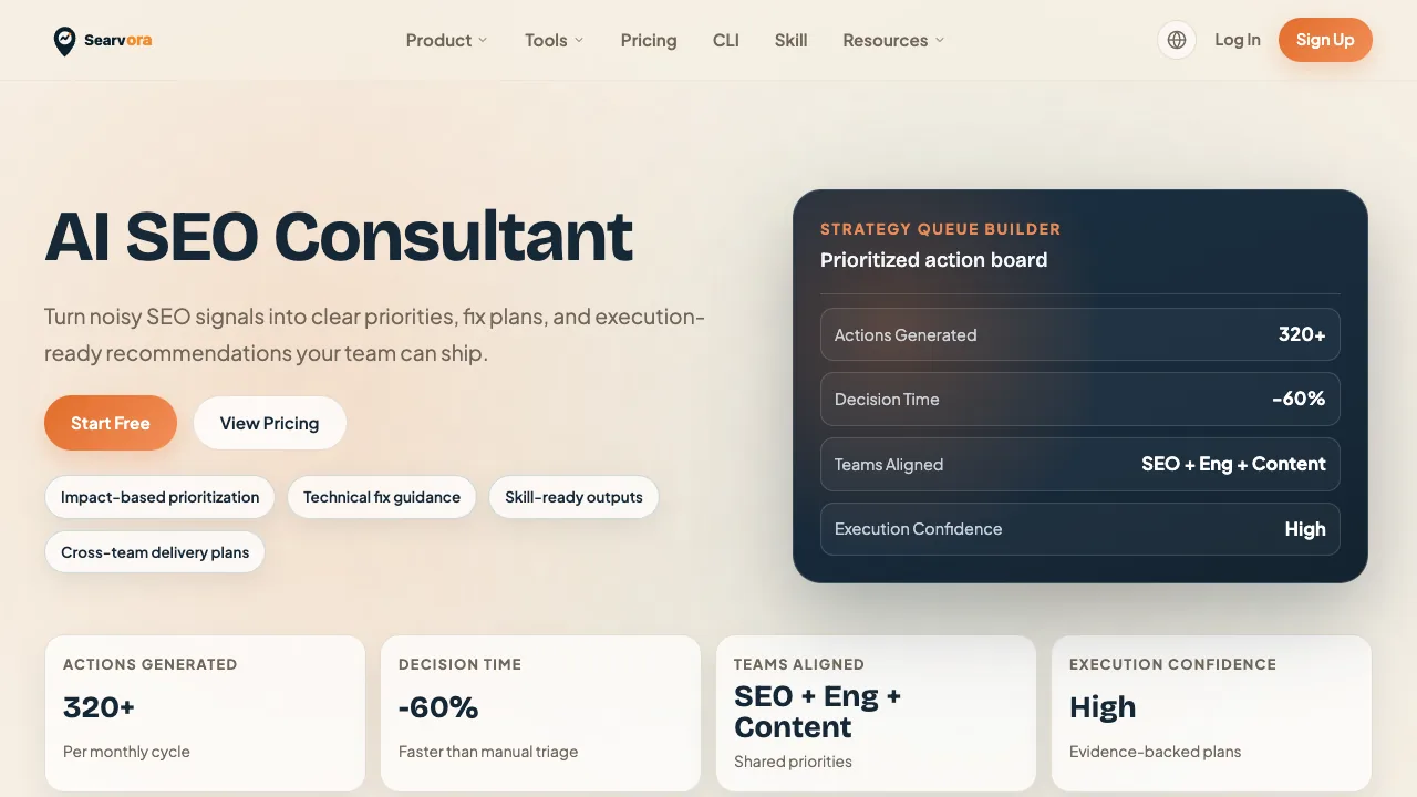 Local Searvora AI SEO Consultant page showing a strategy queue with priorities and execution-ready recommendations