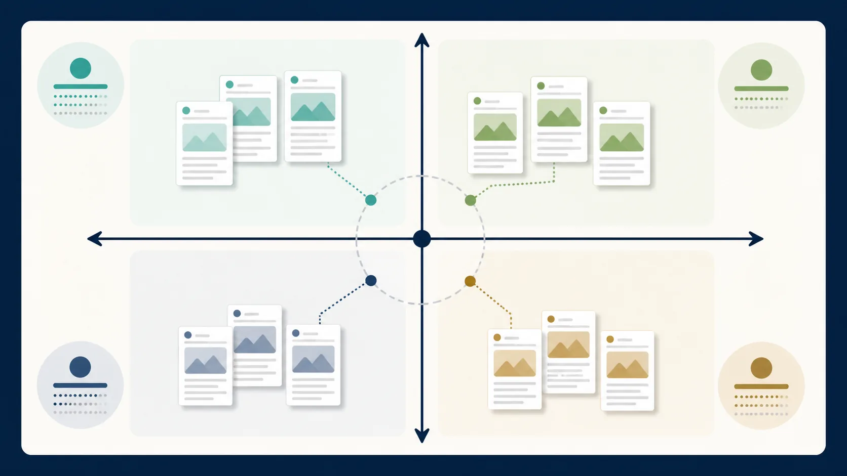 Four-quadrant content context matrix showing article groups with different absolute and relative performance