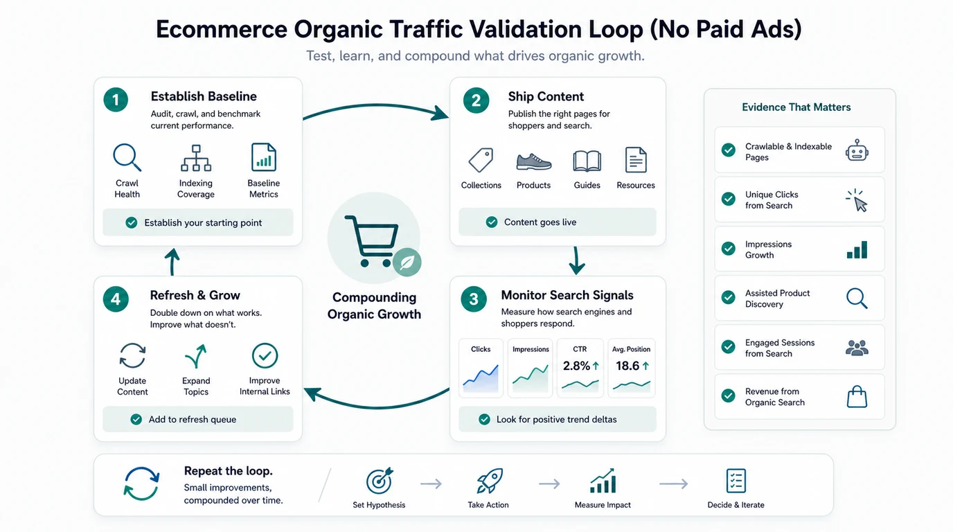Ecommerce organic traffic validation loop for baseline, content release, search monitoring, and refresh decisions