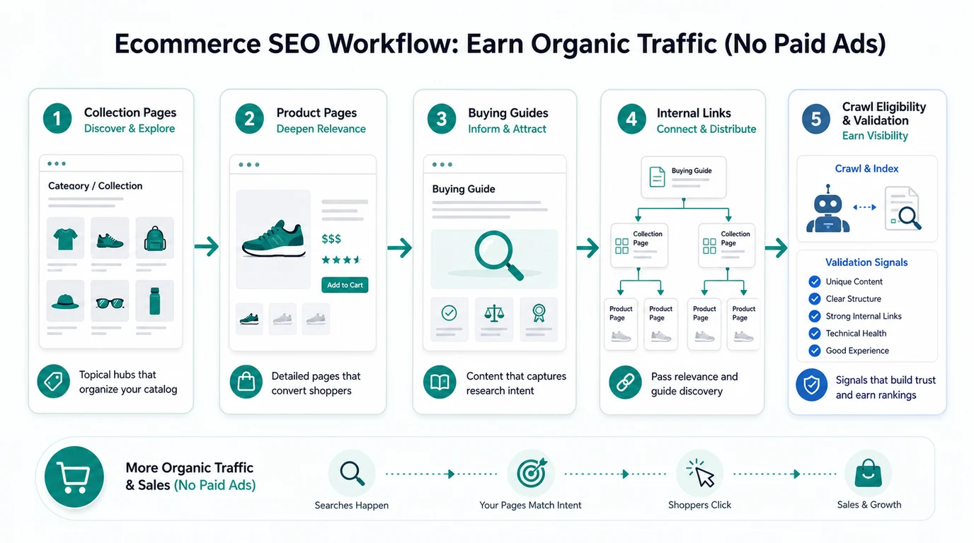 Ecommerce page-type workflow for earning organic traffic without paid ads
