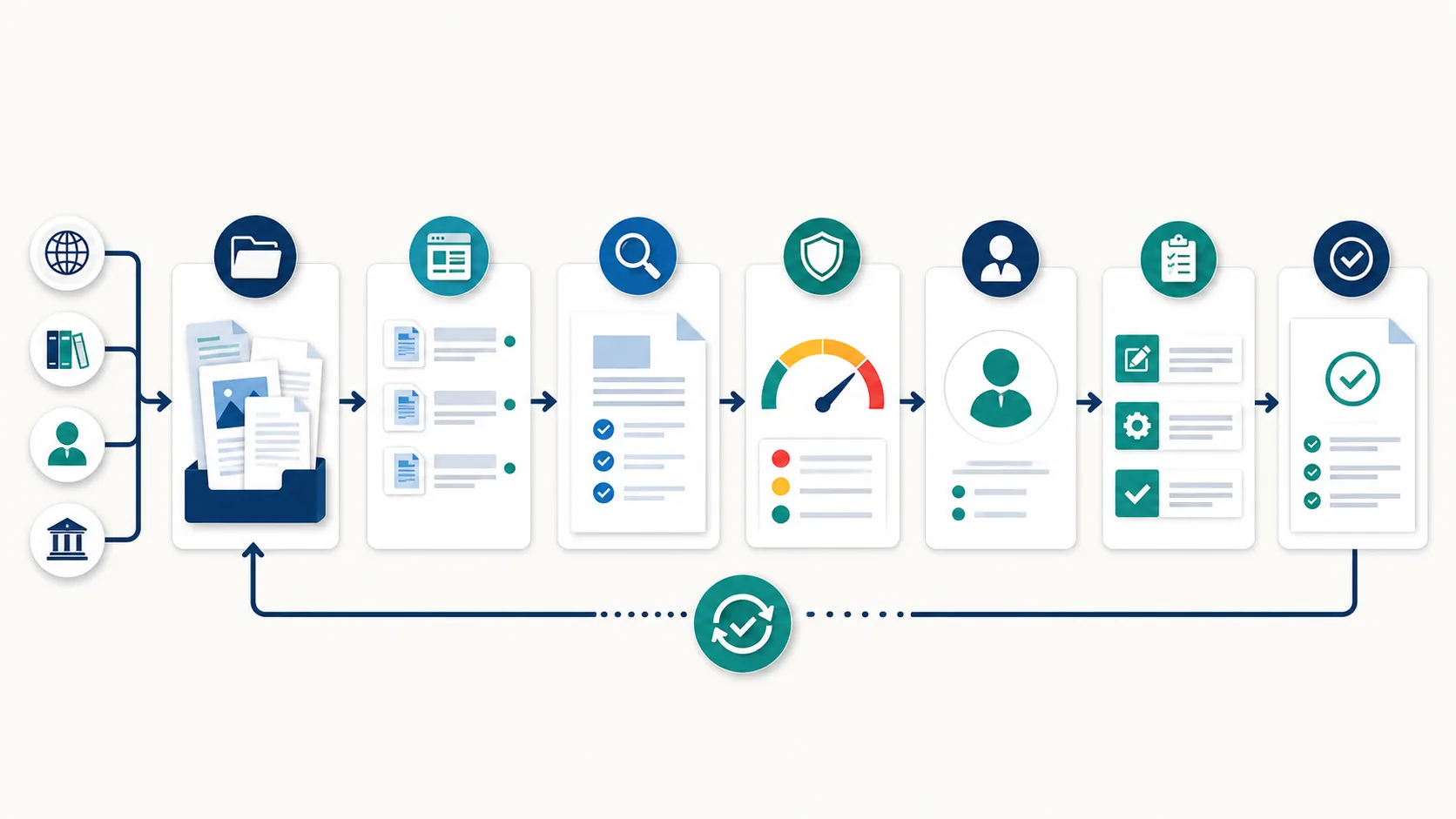 An E-E-A-T audit workflow showing source material flowing into an evidence register, risk review, owners, remediation, and validation
