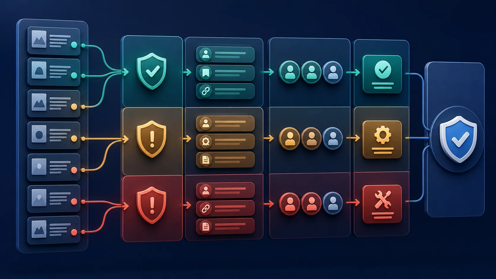 A risk triage board for an E-E-A-T audit showing high, medium, and low priority evidence gaps with owners and a validation check