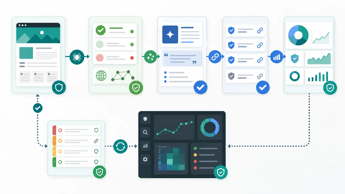 AI search trust validation loop connecting source evidence, crawl eligibility, extractable answers, citation observation, dashboard monitoring, and fix queues