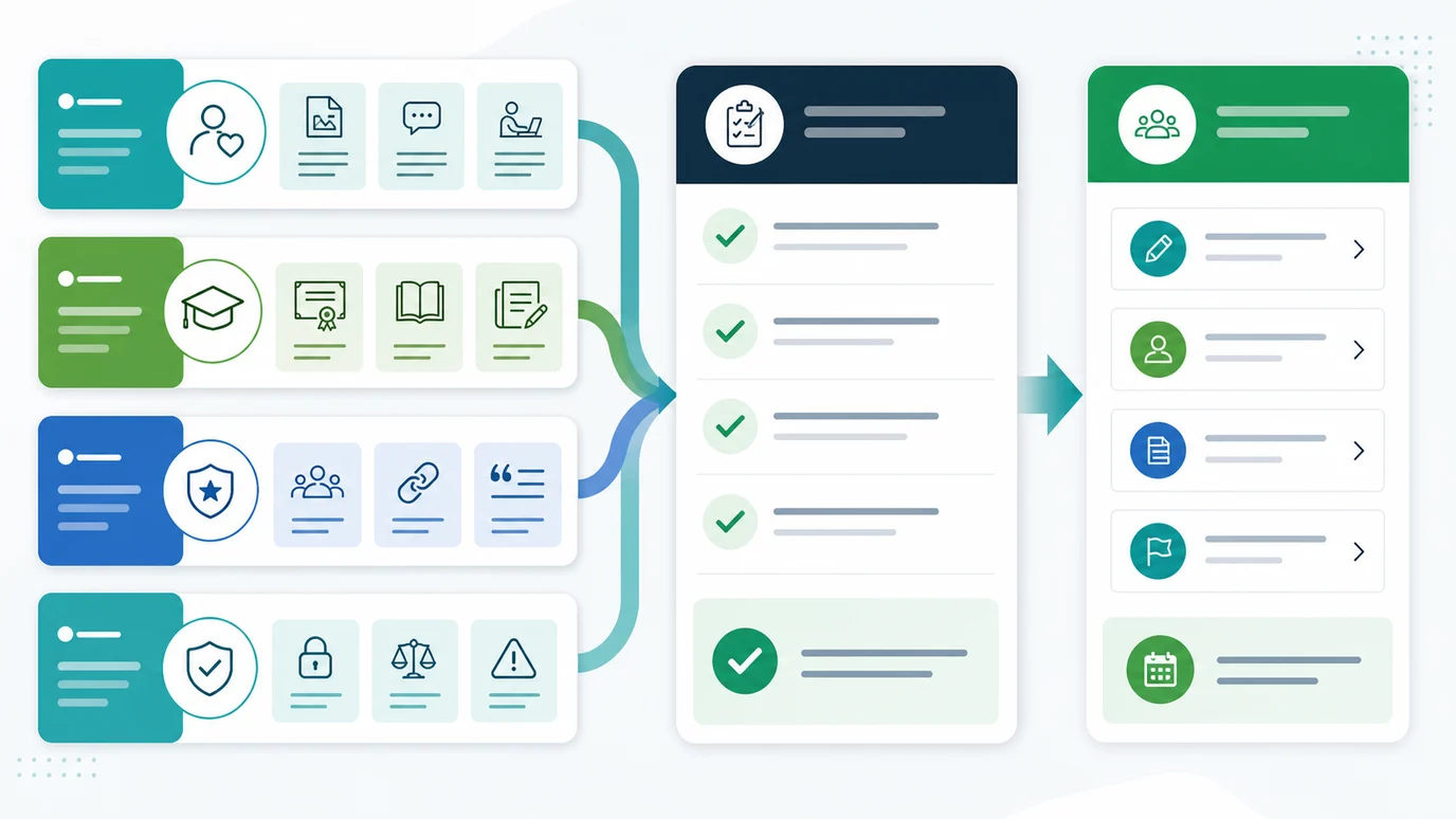 E-E-A-T SEO content QA workflow connecting evidence lanes to review tasks and an action queue
