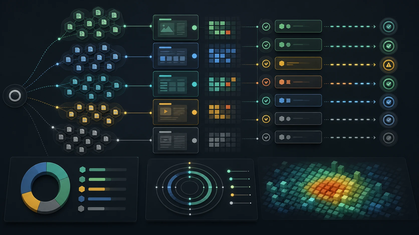 Enterprise SEO audit segmentation map connecting URL clusters, templates, heatmaps, priority cards, and validation targets