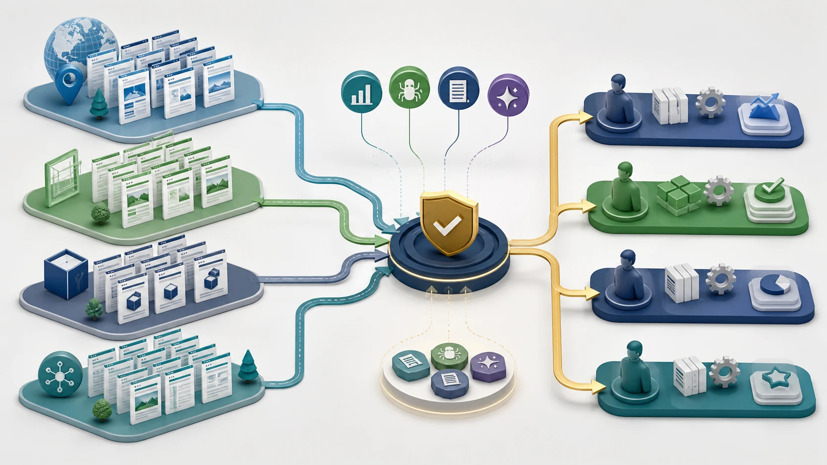 Enterprise SEO portfolio groups flowing through a shared governance gate into owner-ready decision lanes