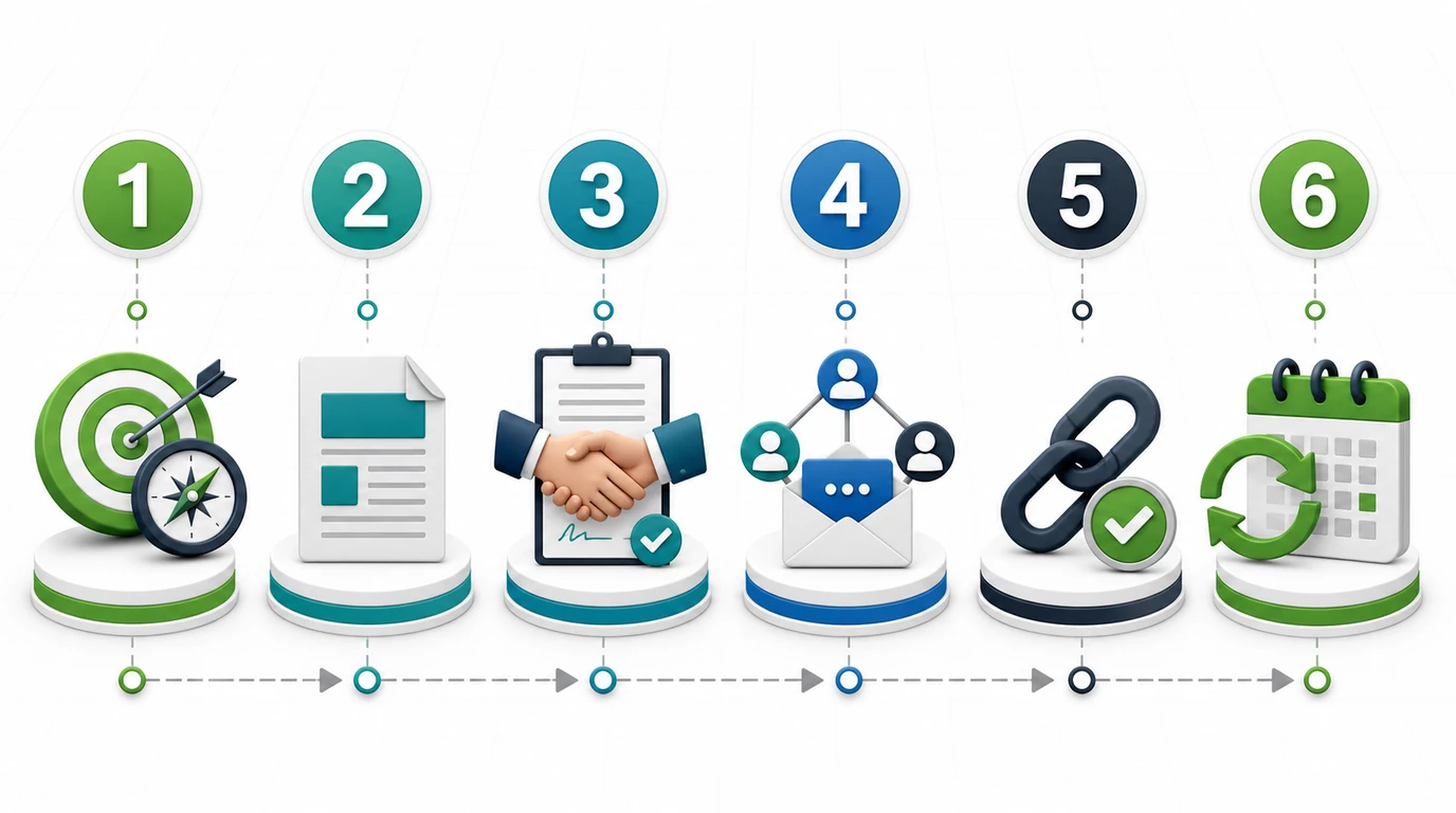 Six-stage event link building workflow from event fit through post-event maintenance