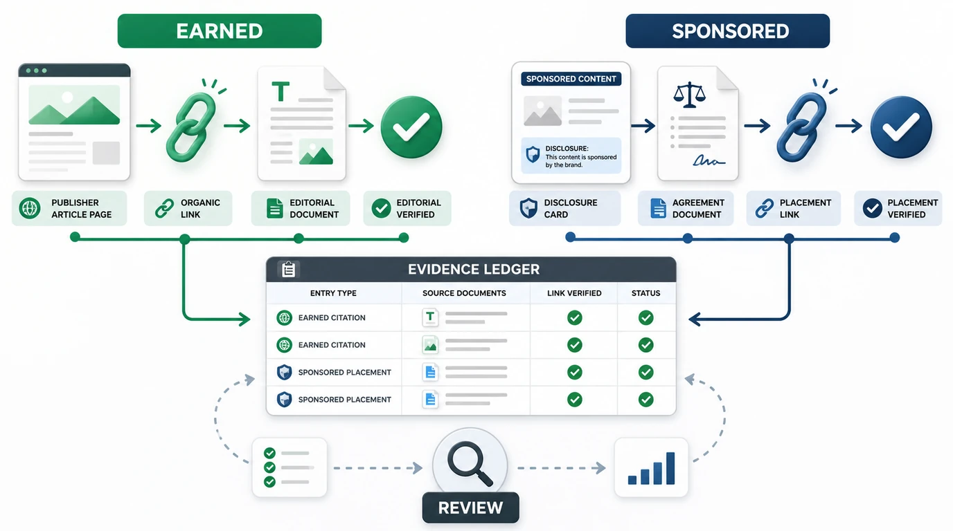 Earned and sponsored event link paths flowing into a shared evidence ledger and review
