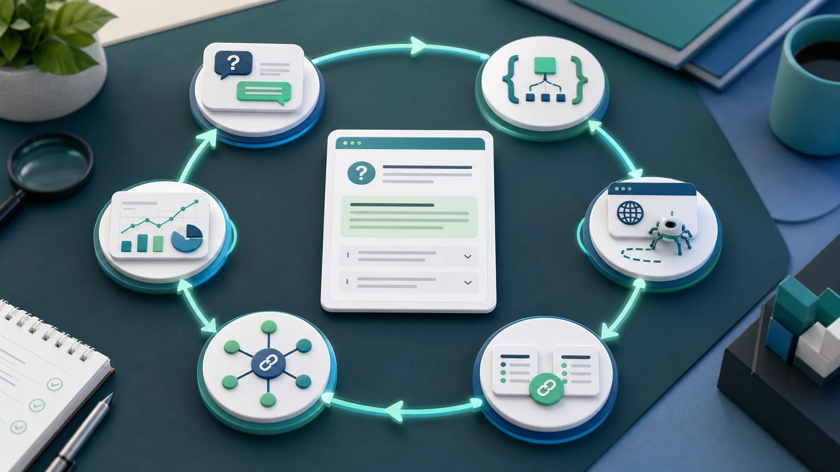 FAQ page SEO validation loop from visible answers to schema checks, crawl review, duplicate cleanup, internal links, and monitoring