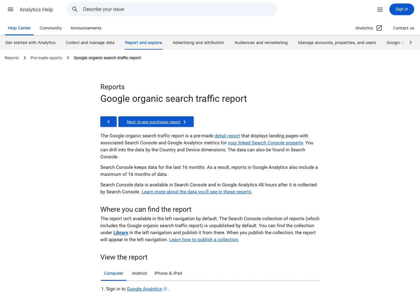 Official Google Analytics Help page explaining the Google organic search traffic report