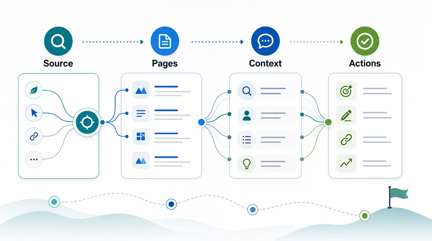 Organic search reporting workflow from source evidence to landing pages, context, and action queue