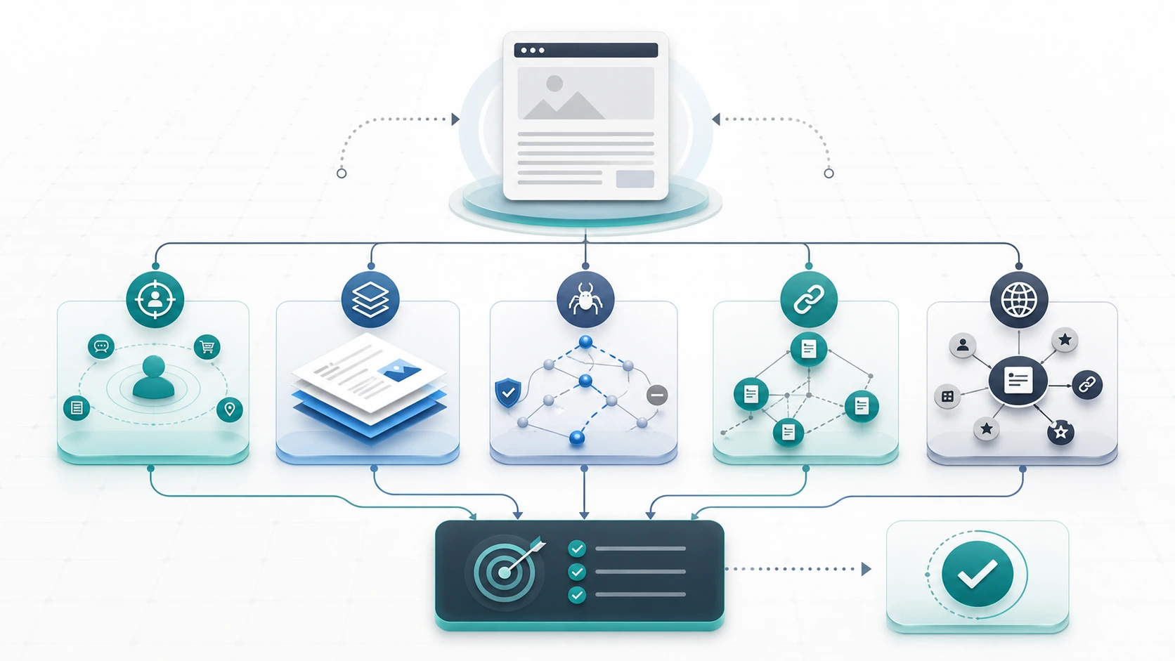 Page-one SEO decision map connecting intent, content, crawl health, internal links, authority, and validation