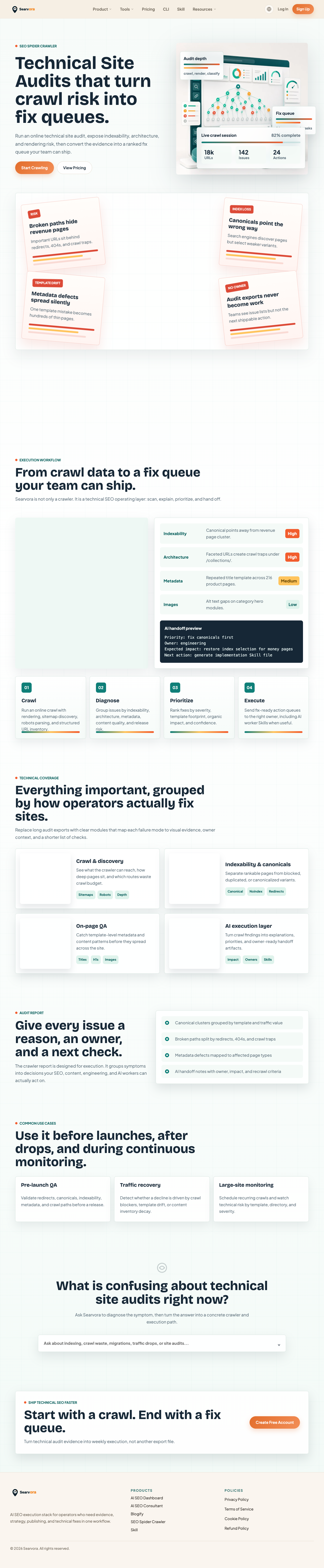 Local Searvora SEO Spider Crawler page showing crawl, diagnose, prioritize, and execute workflow cues