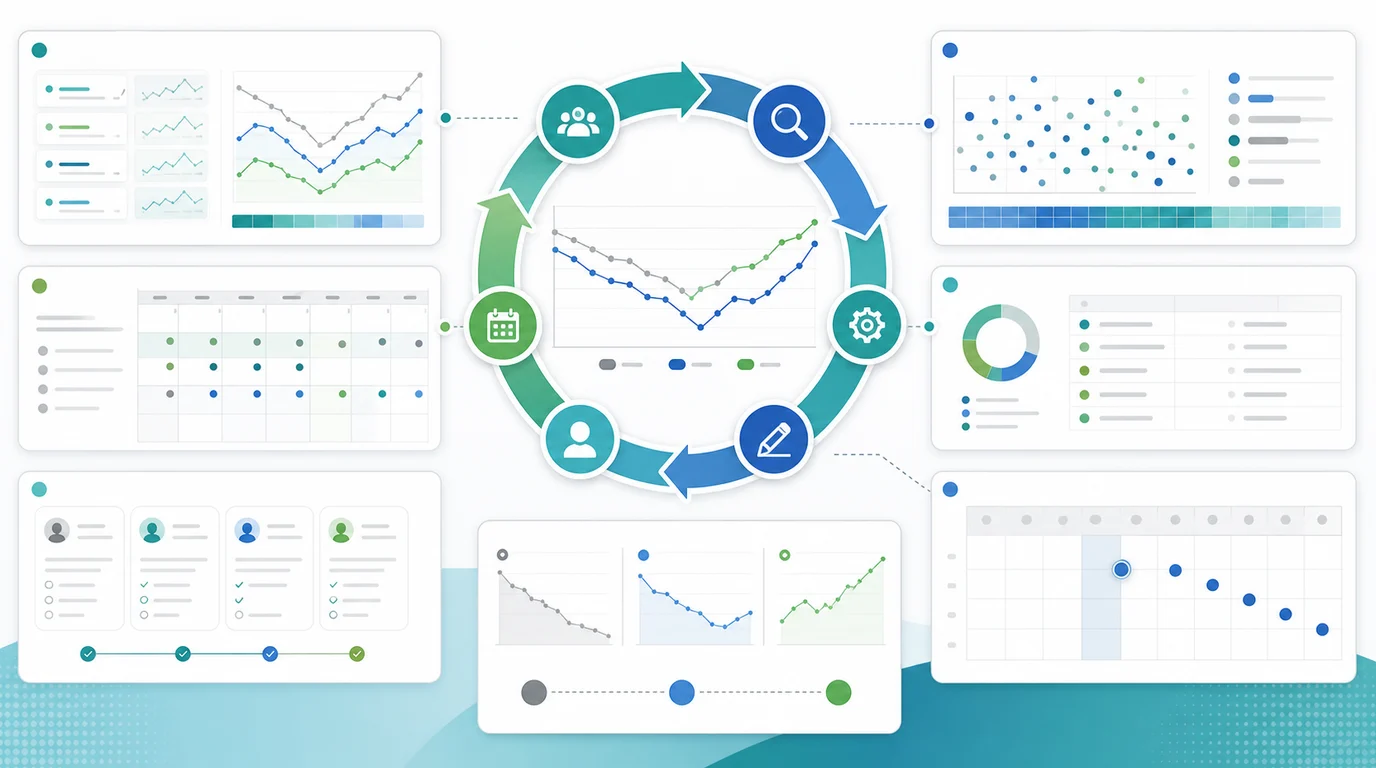Recovery validation loop connecting page cohorts, technical checks, content refreshes, owner handoffs, and measured rechecks