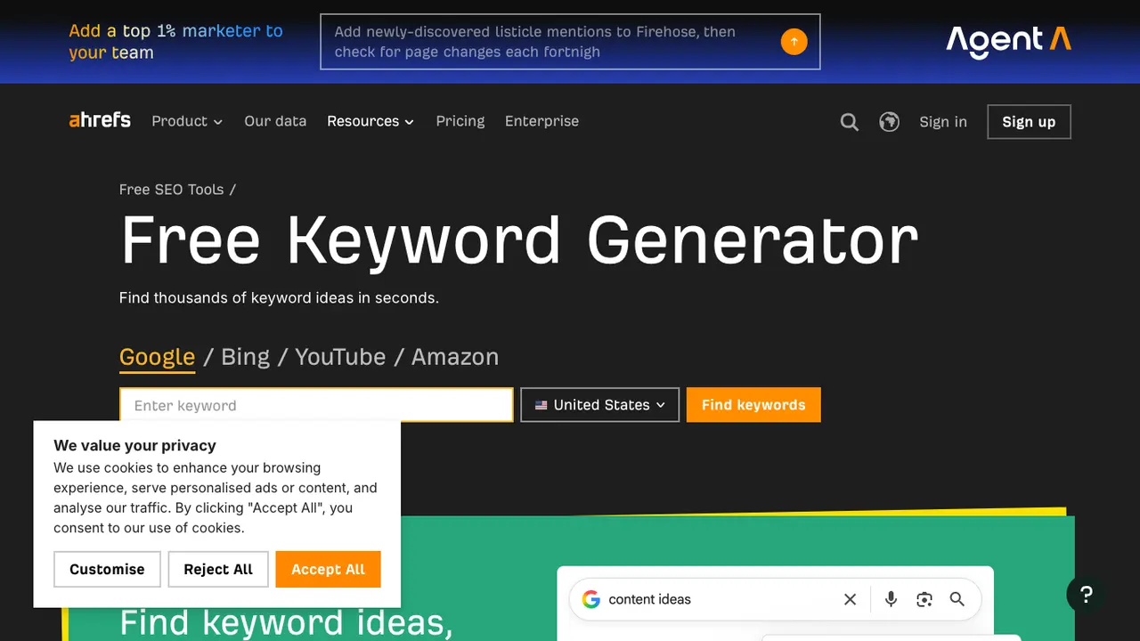 Ahrefs Free Keyword Generator public page screenshot