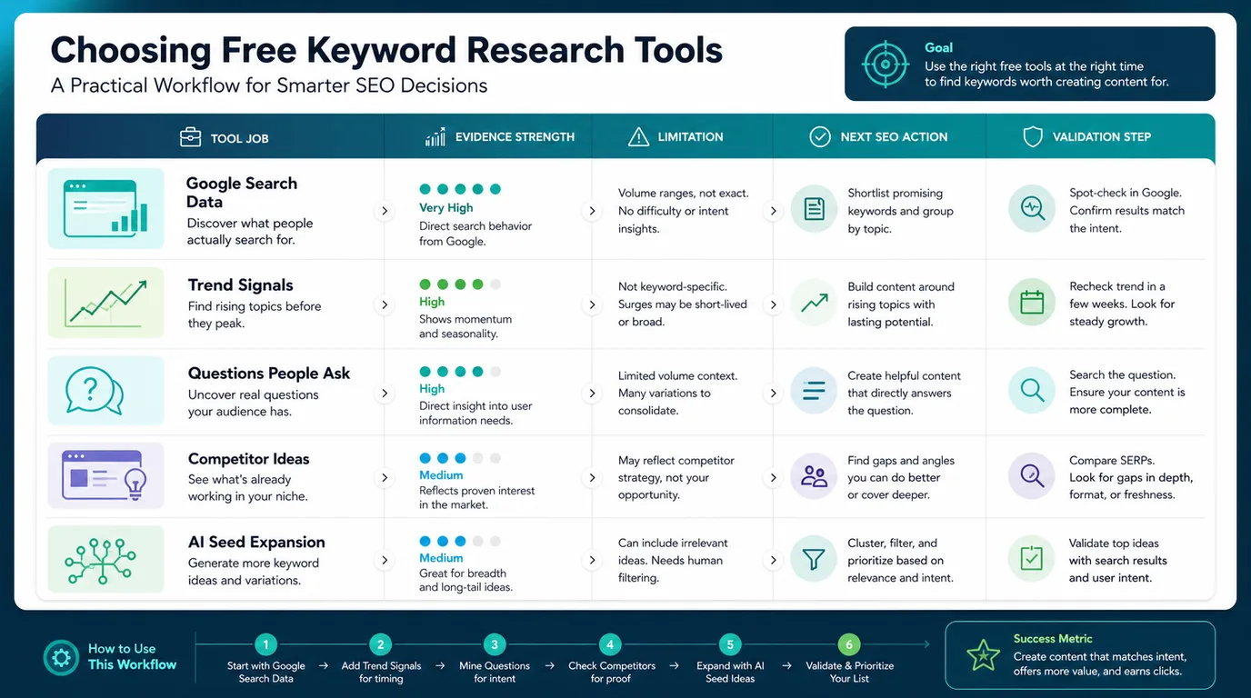 Free keyword tool decision board mapping evidence, limits, next actions, and validation
