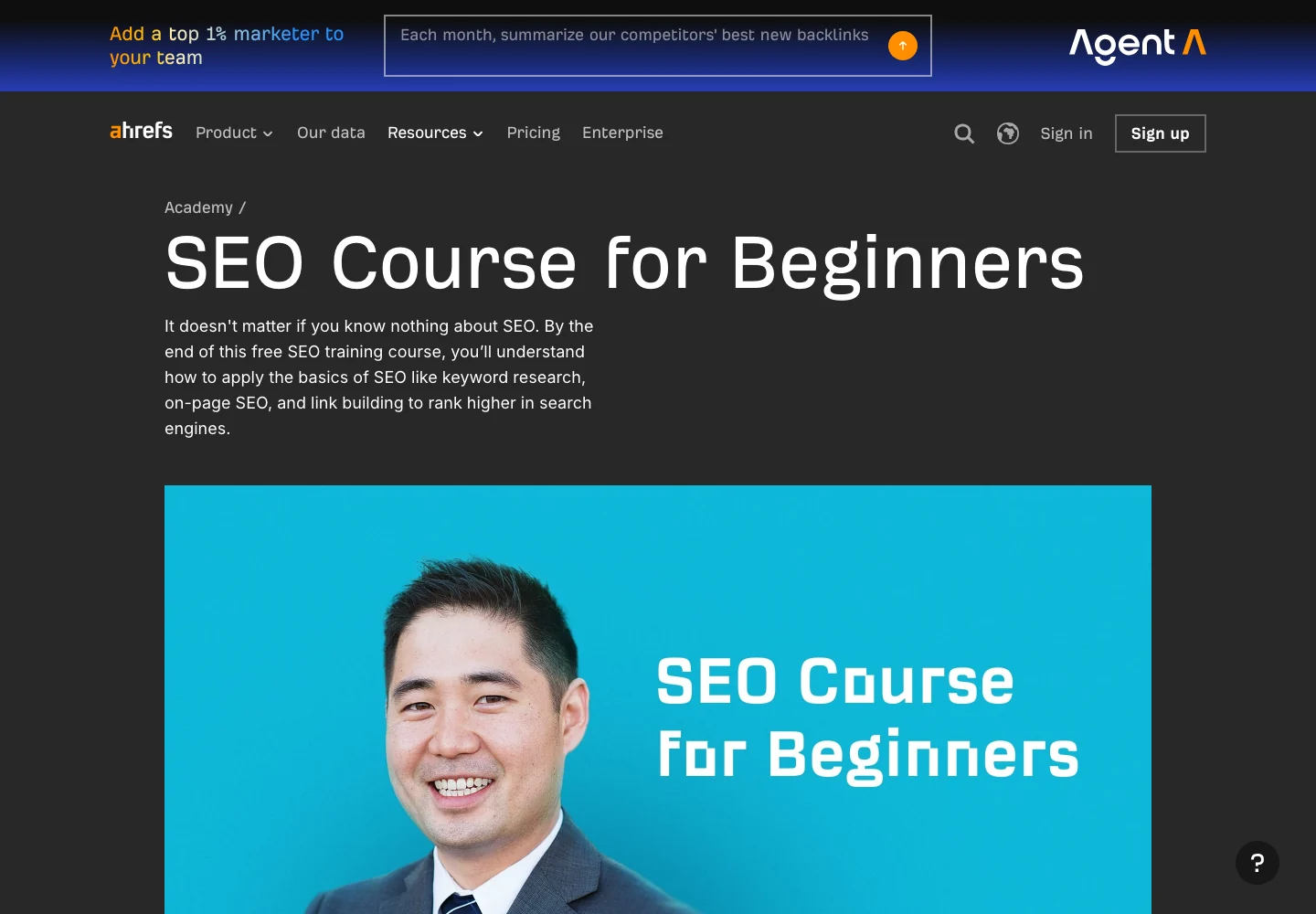 Official Ahrefs SEO Course for Beginners page used as public source evidence