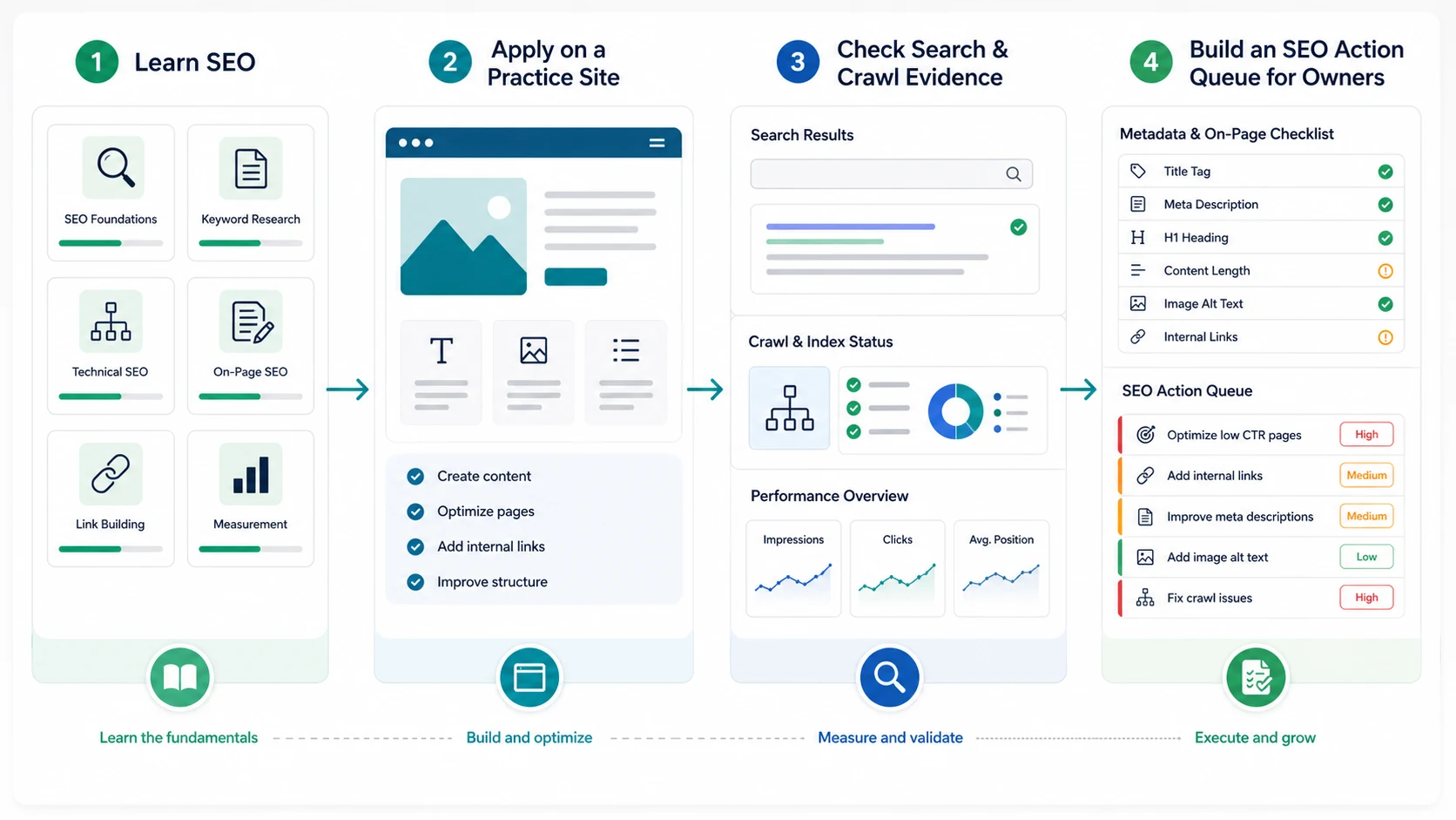 Free SEO course workflow from learning modules to practice site, search evidence, crawl checks, and owner-ready action queue
