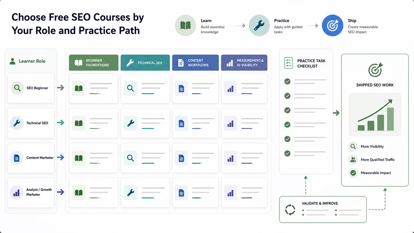 Decision matrix for choosing free SEO courses by learner role, practice task, validation loop, and shipped SEO work