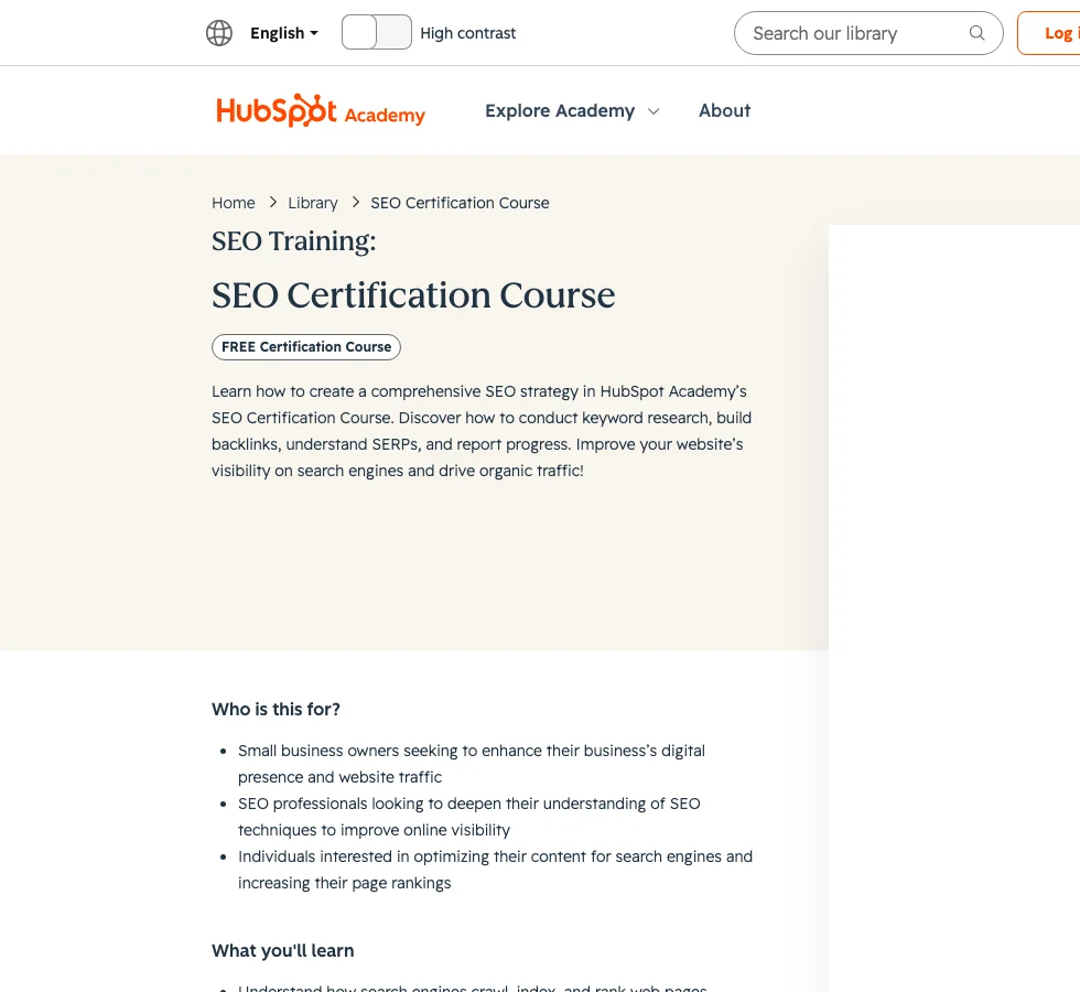 Official HubSpot Academy SEO Certification Course page used as public source evidence