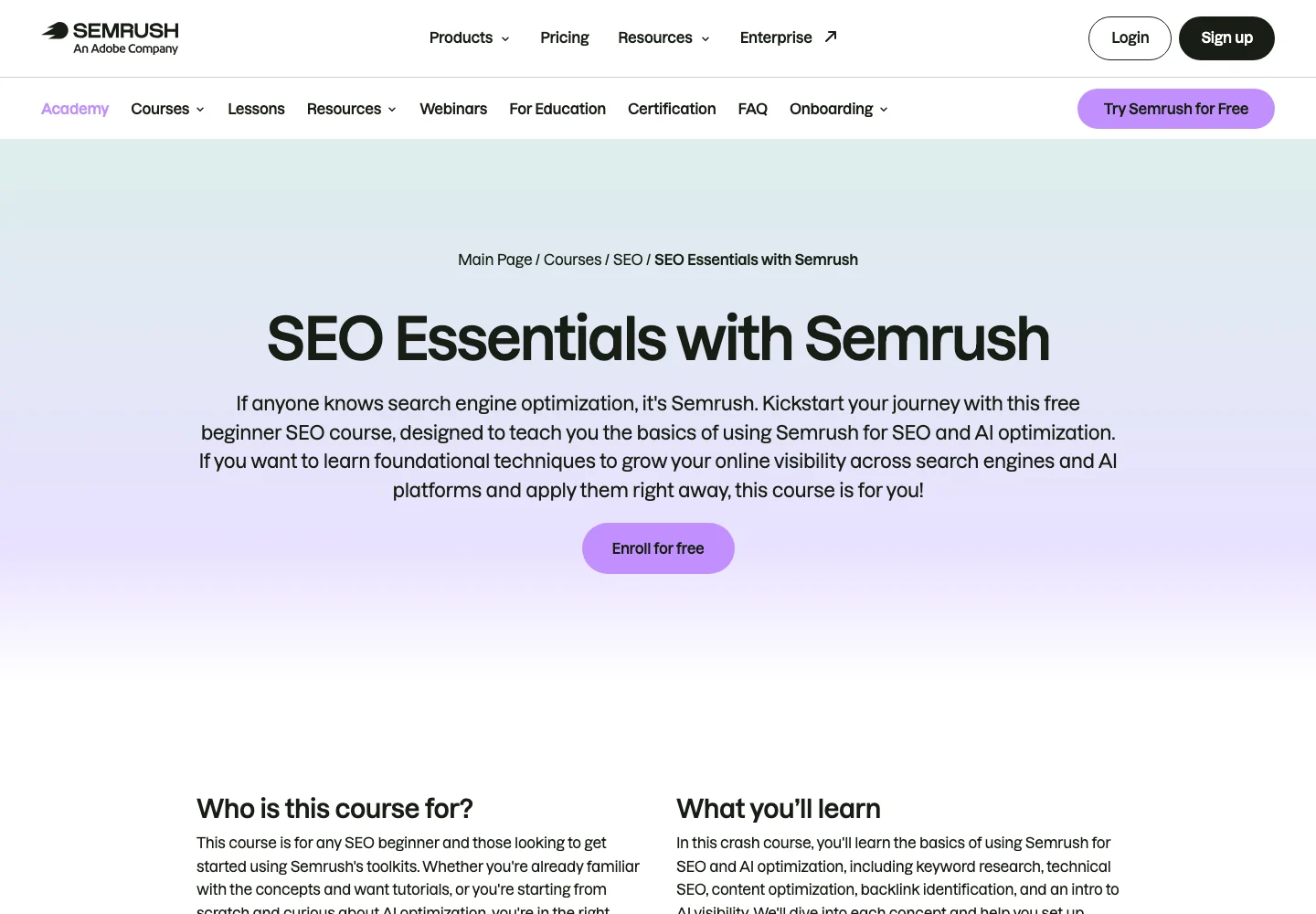 Official Semrush SEO Essentials course page used as public source evidence