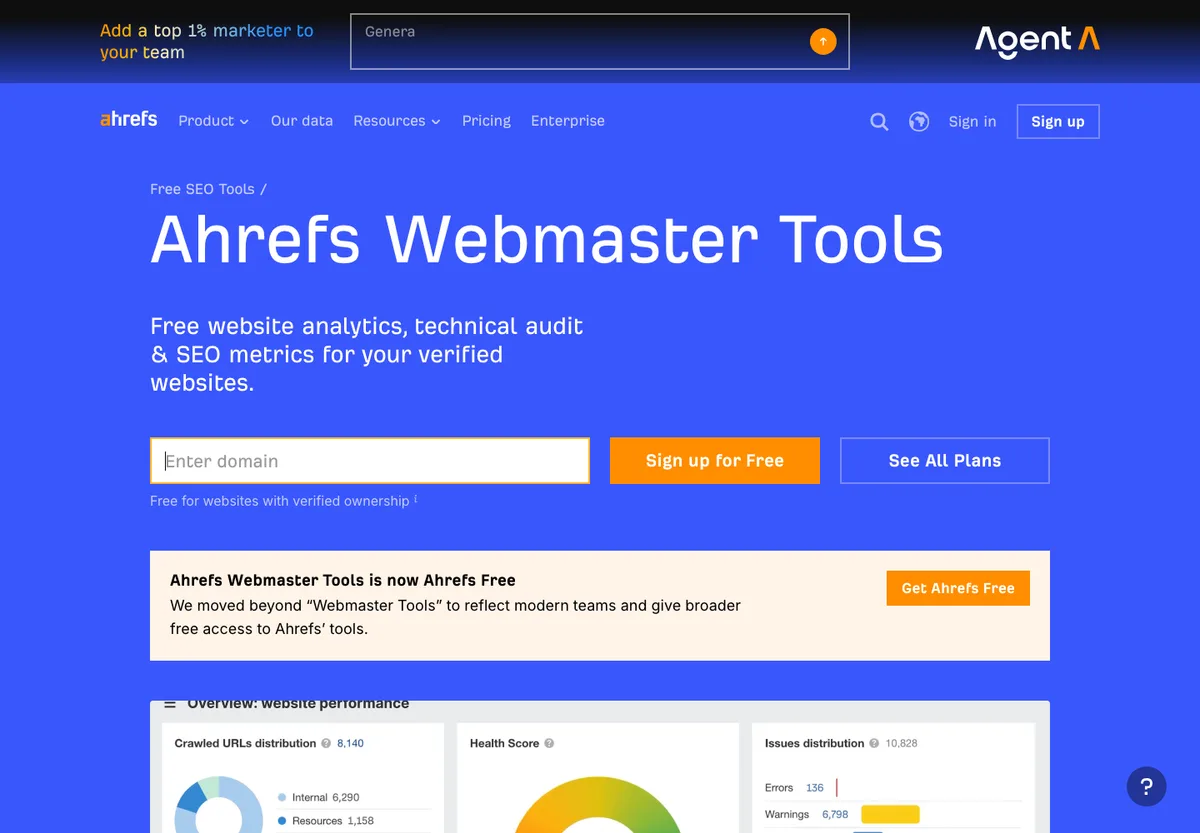 Ahrefs Webmaster Tools public page showing free analytics and technical audit messaging