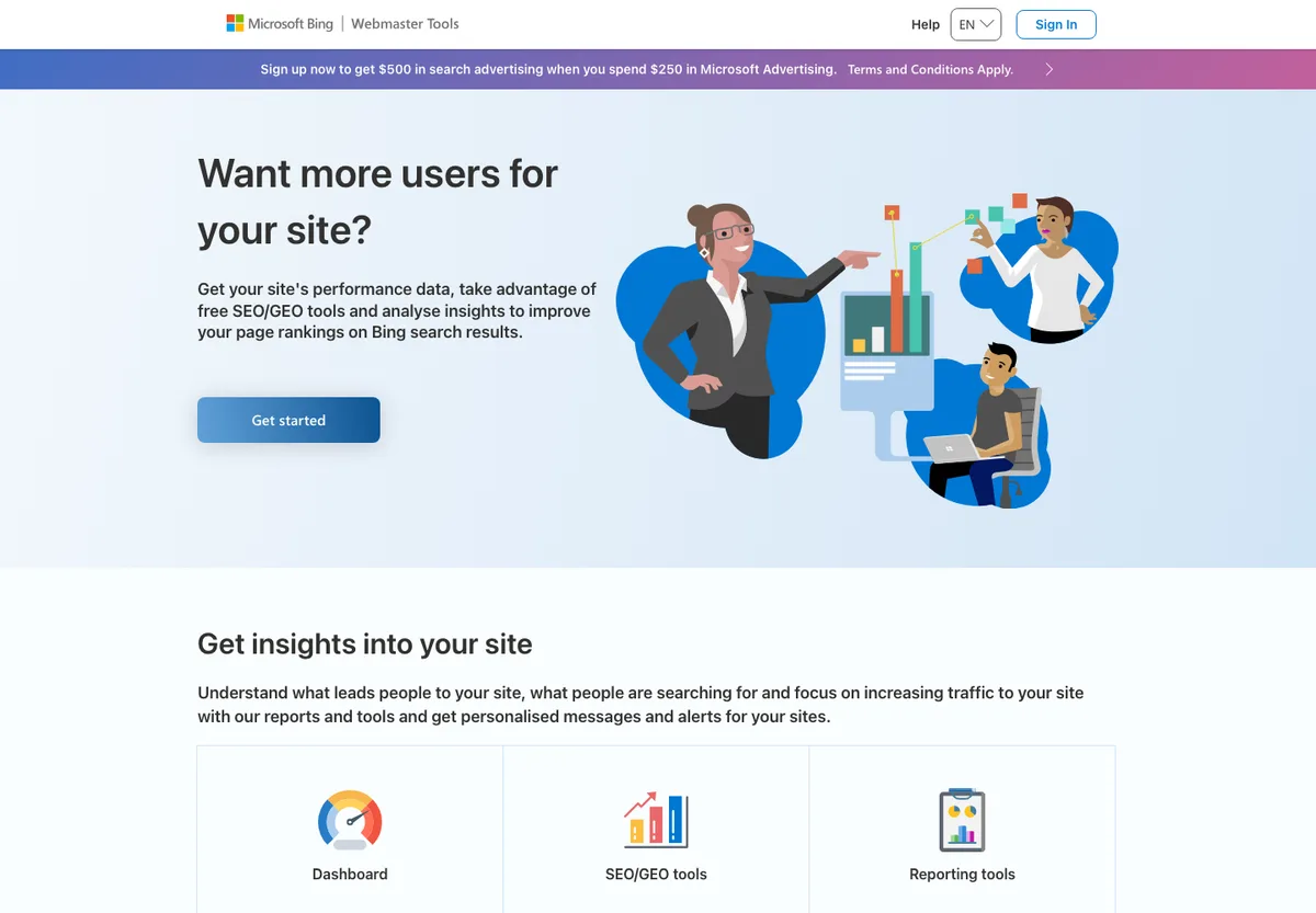 Bing Webmaster Tools public page showing search performance and SEO resources