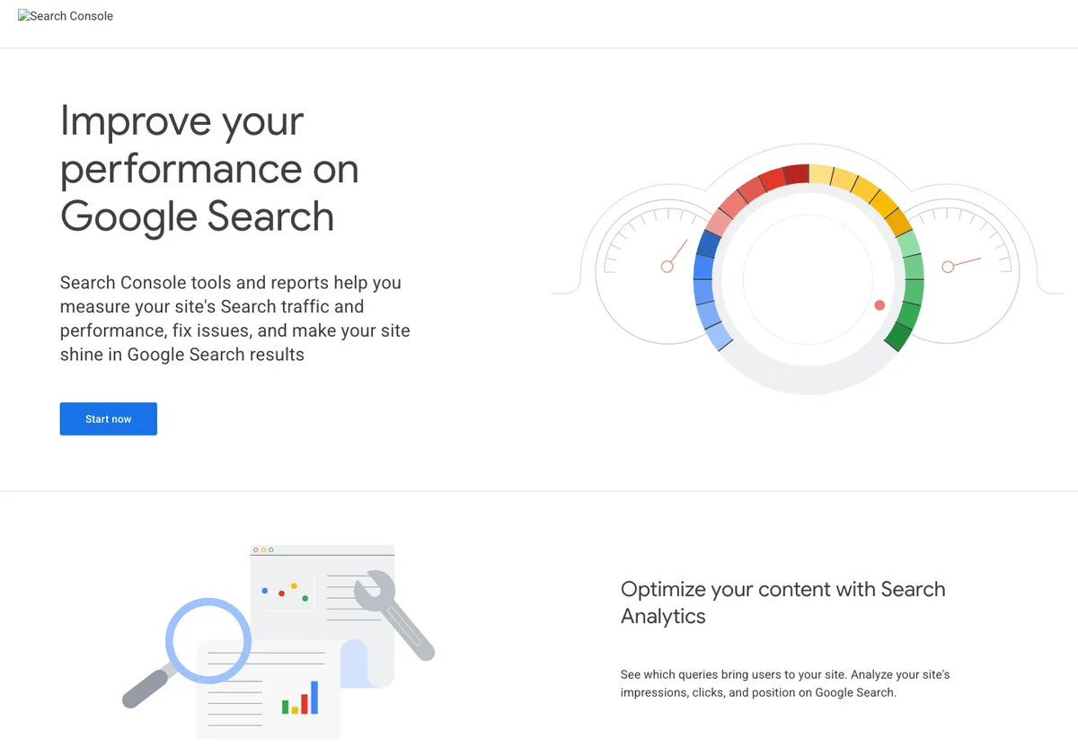 Google Search Console public page showing search performance and content optimization positioning