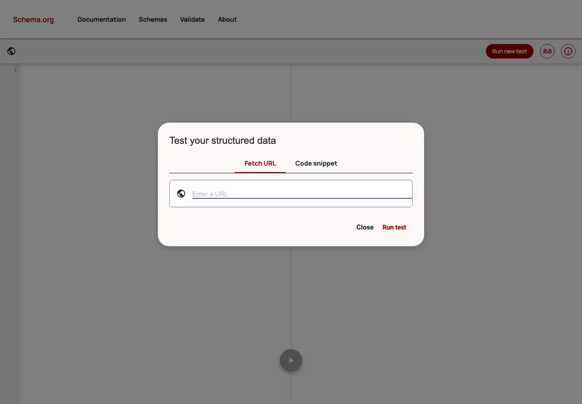 Schema Markup Validator public page for testing structured data