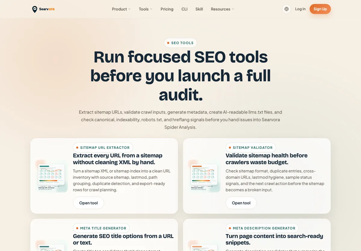 Searvora Free SEO Tools public page showing sitemap, metadata, and technical SEO utilities
