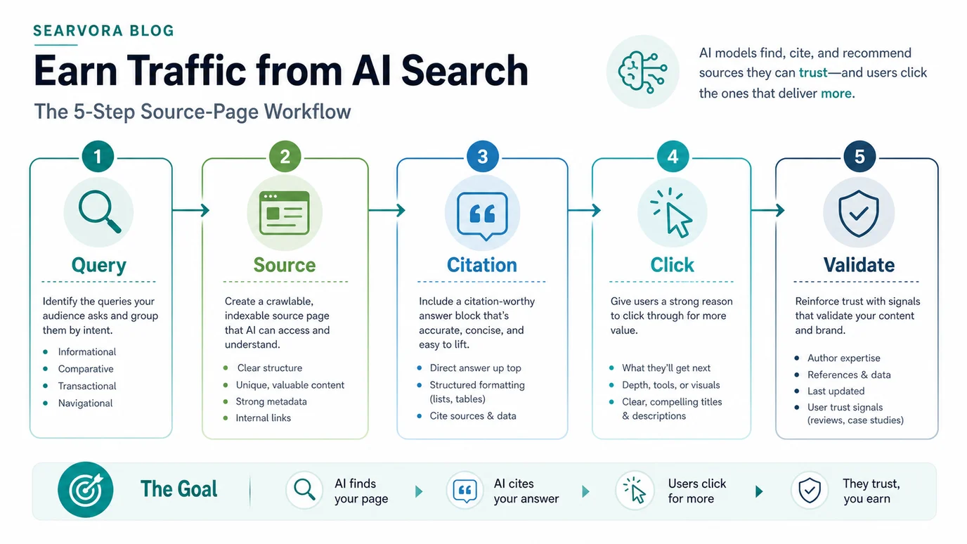 AI search source page workflow from query group to source page, citation, click reason, and validation
