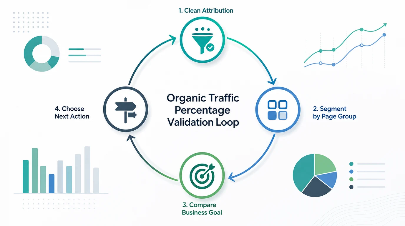 Organic traffic percentage validation loop for attribution cleanup, page segmentation, business goal comparison, and next action