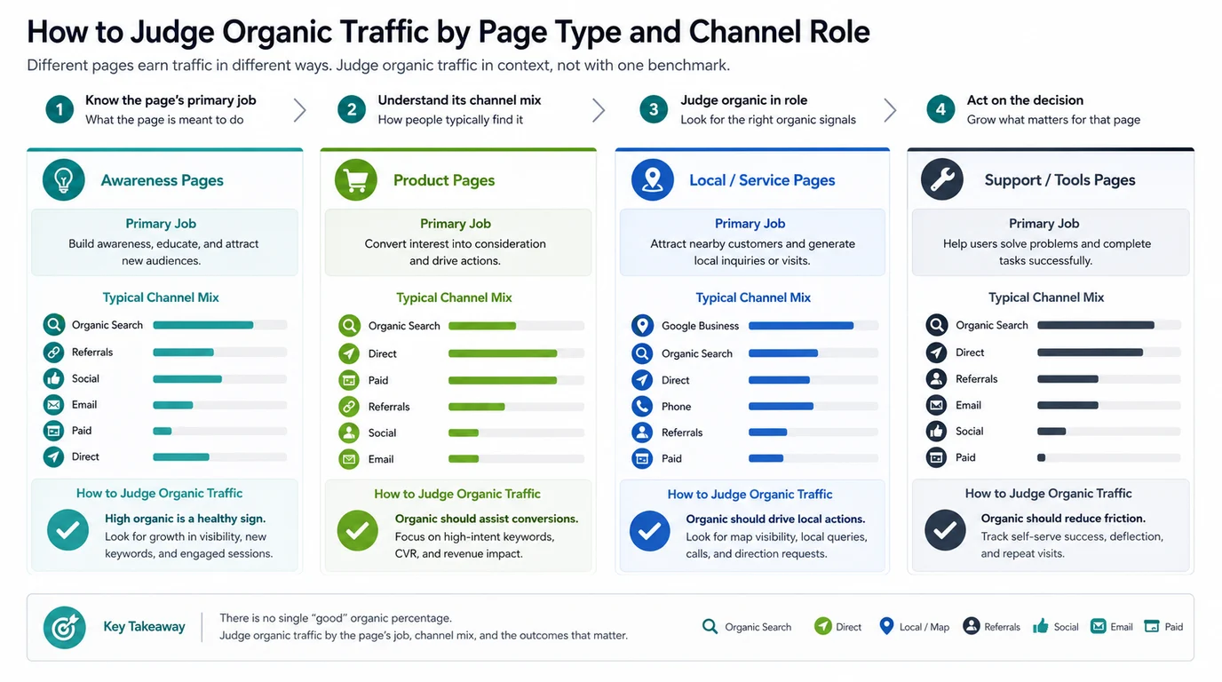 Organic traffic percentage decision visual organized by awareness, product, local, and support page types