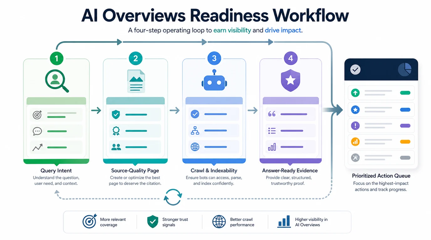 Google AI Overviews readiness workflow from query intent through crawl checks and answer-ready evidence