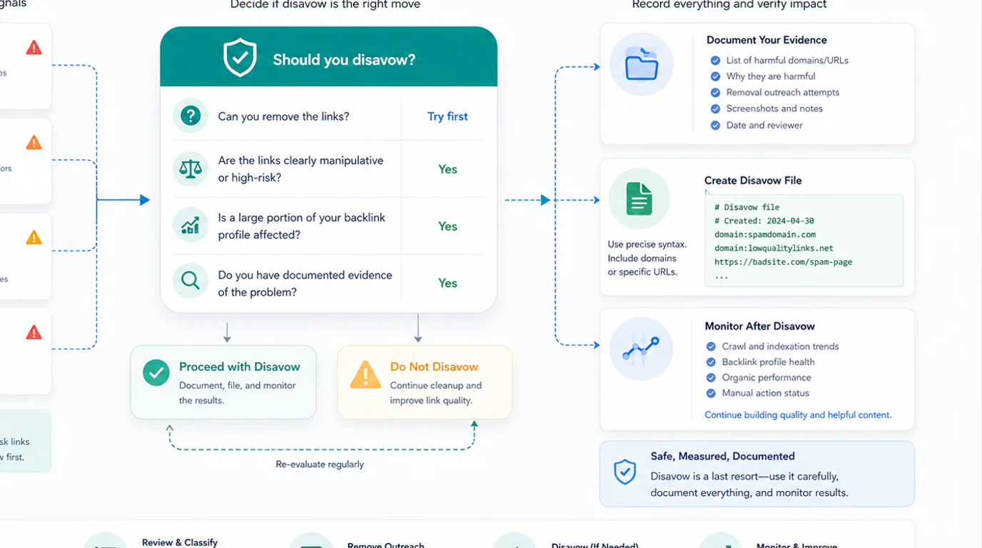 A post-disavow monitoring loop showing baseline evidence, upload record, crawl checks, Search Console monitoring, and reassessment