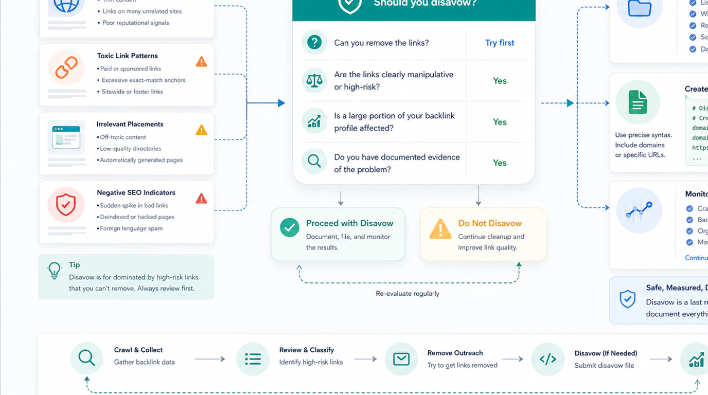 A decision map for Google disavow links showing manual action checks, unnatural link patterns, removal attempts, and when to stop