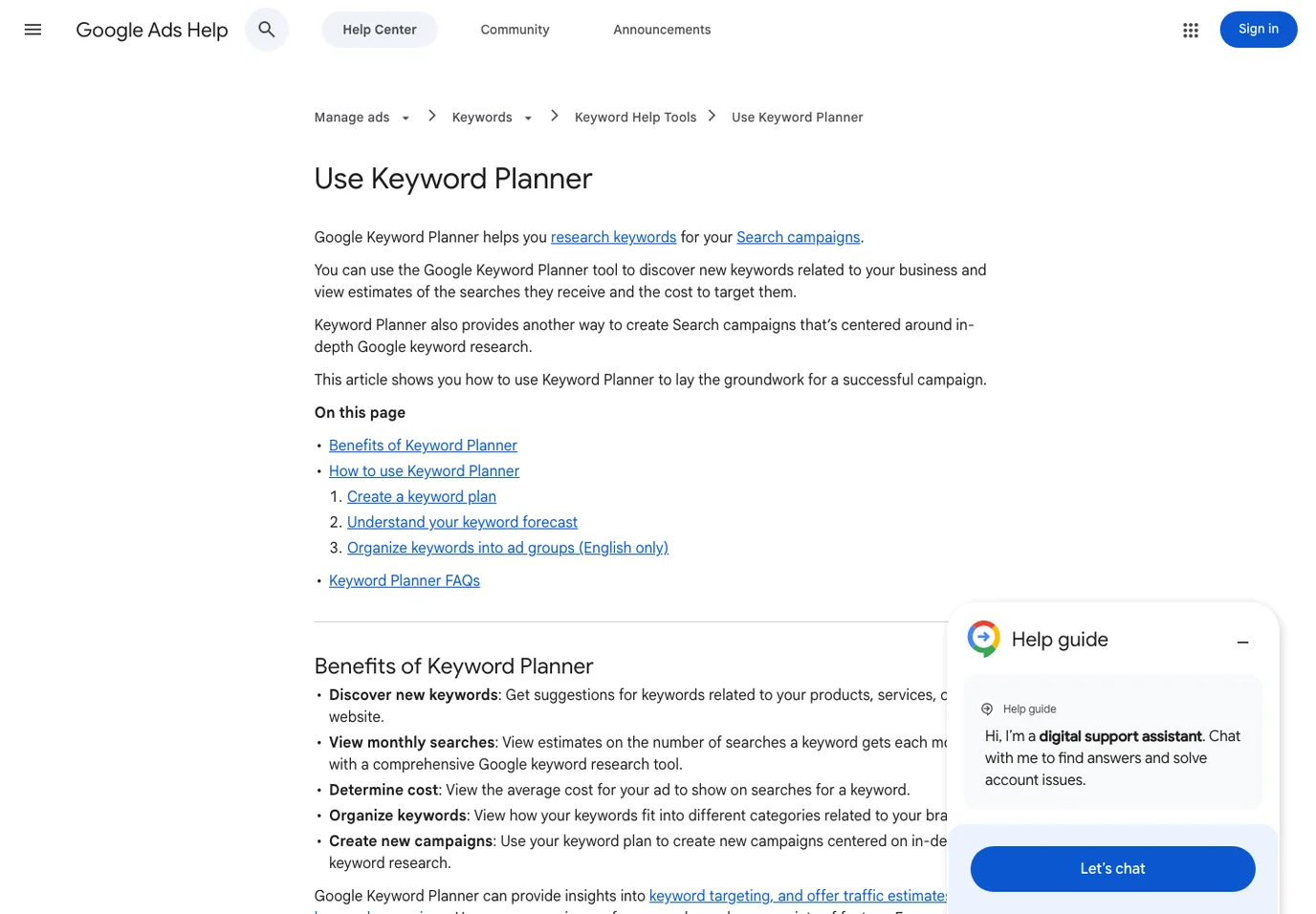 Official Google Ads Help page explaining Keyword Planner benefits and usage
