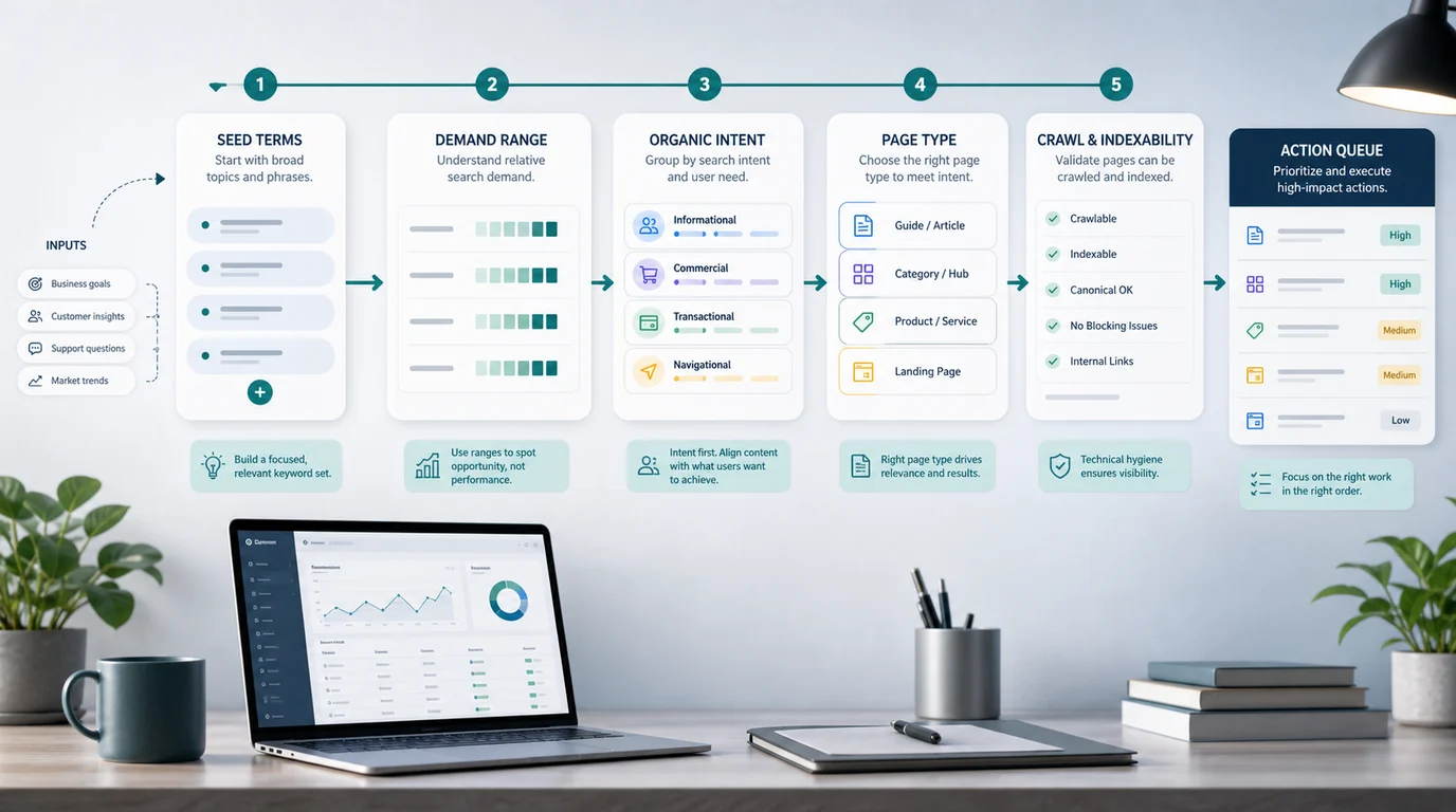 Keyword Planner validation map from demand range to crawl and indexability checks