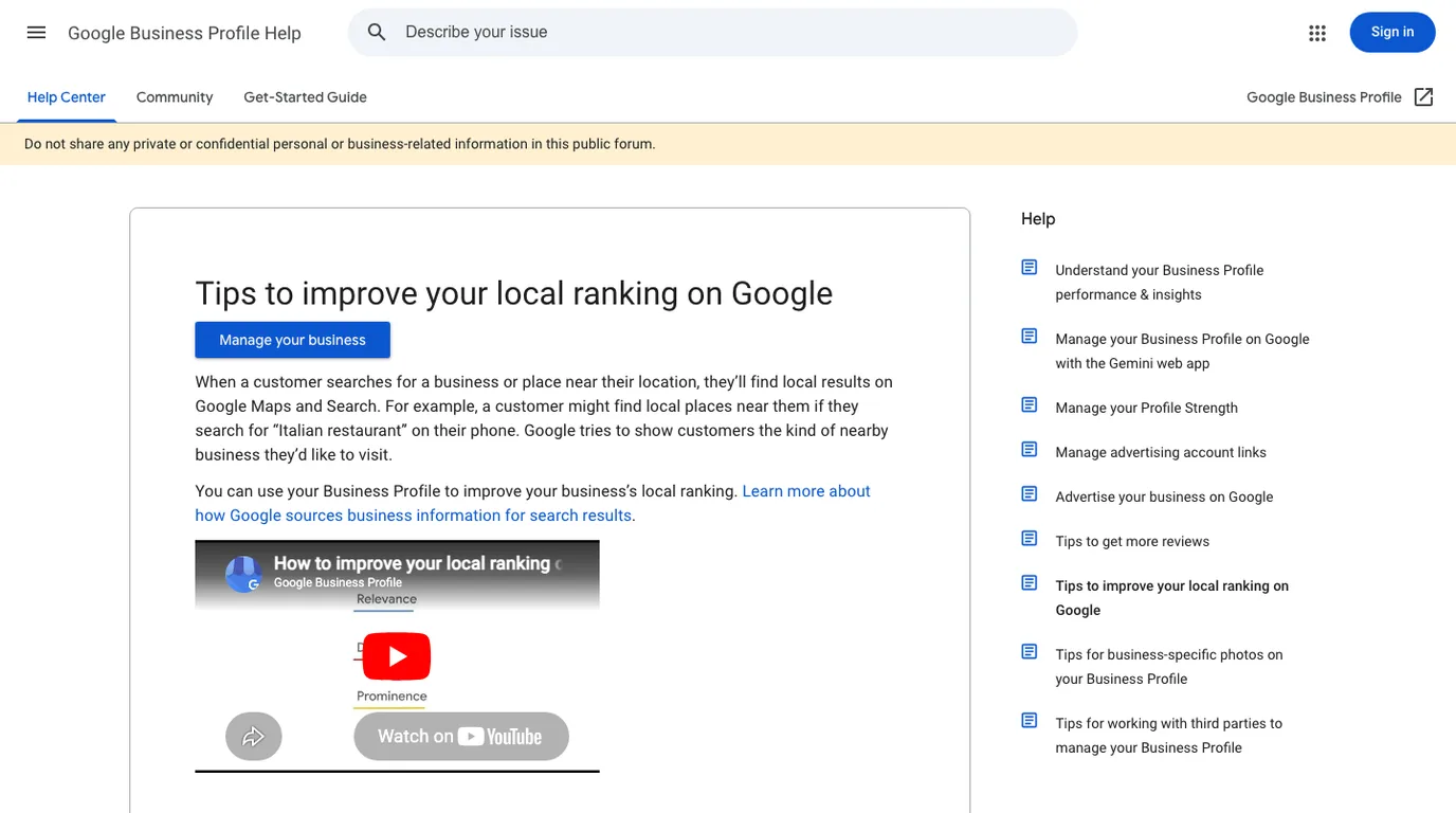 Google Business Profile Help page explaining tips to improve local ranking on Google