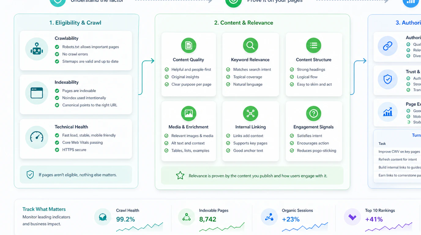 Ranking factor operating map from eligibility and relevance checks to an owner-ready action queue